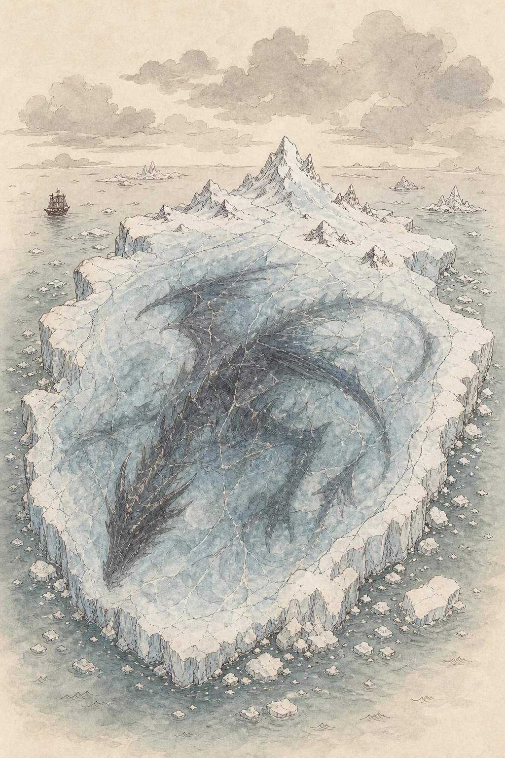 Évocation d'Aslevjal, l'île de glace (illustration non officielle)