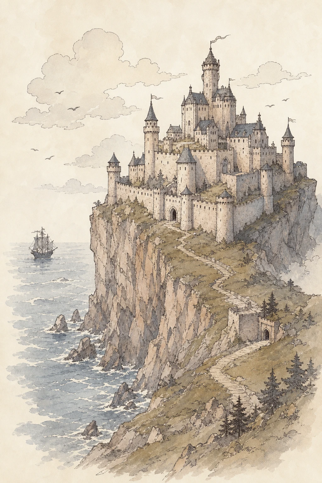 Évocation de Castelcerf, forteresse sur la falaise (illustration non officielle)